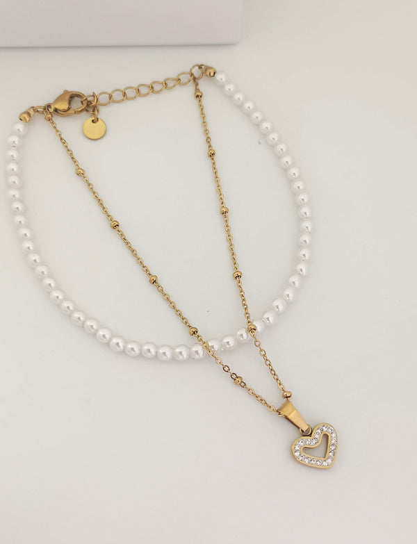 Premium Double Layer Pearls Heart Charm Bracelet | Stainless Steel