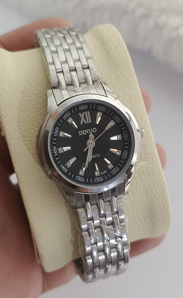 Black Dial Zircon Steel Watch | Silver | High Quality