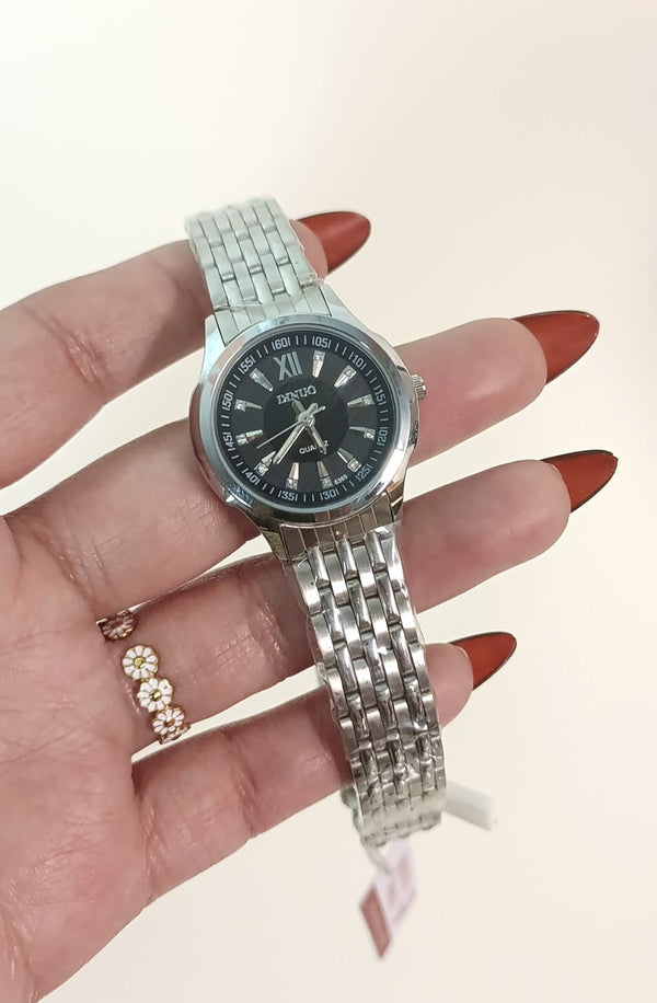 Black Dial Zircon Steel Watch | Silver | High Quality
