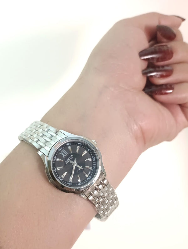 Black Dial Zircon Steel Watch | Silver | High Quality