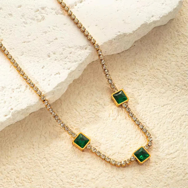 Emerald Three Square Zirconia Necklace