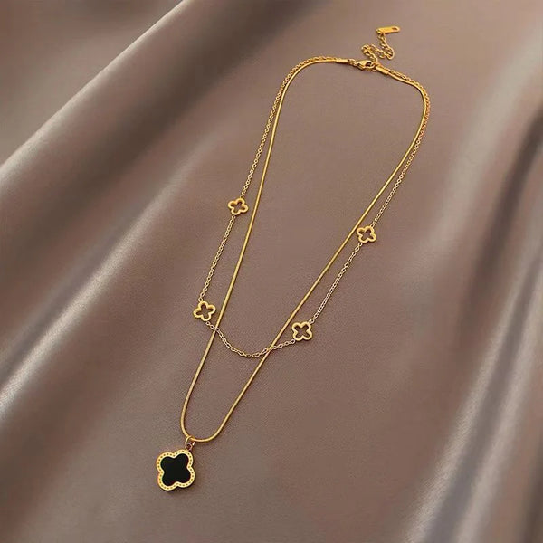 Double Layer Four Leaf Clover Necklace -Water Proof & Gold Plated