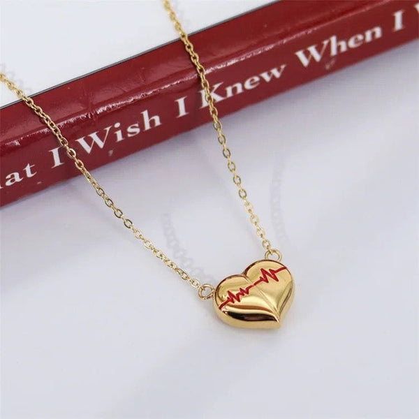 Electrocardiogram Red Heart Necklace, Implant Grade Titanium Waterproof, Non Tarnish