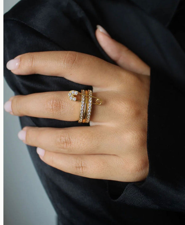 Golden Crystal Safety Pin Ring
