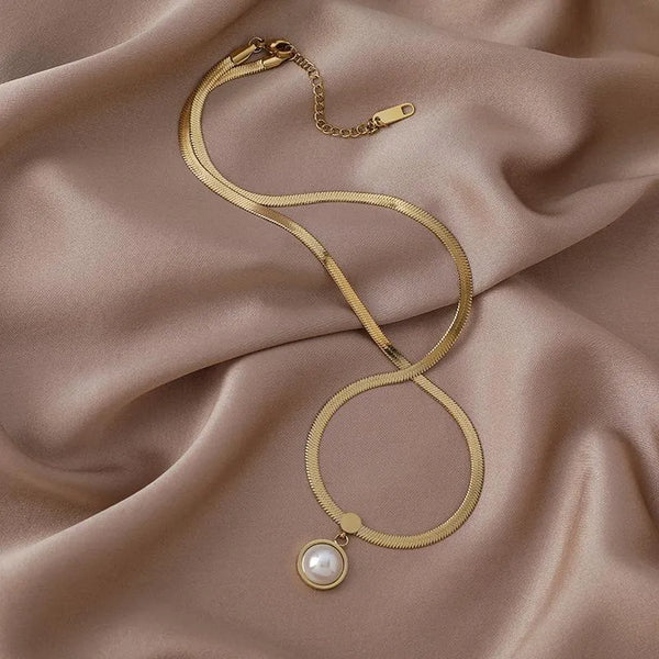 Minimalist 18kgold Titanium Steel Flat Chain Pearl Pendant Necklace For Women