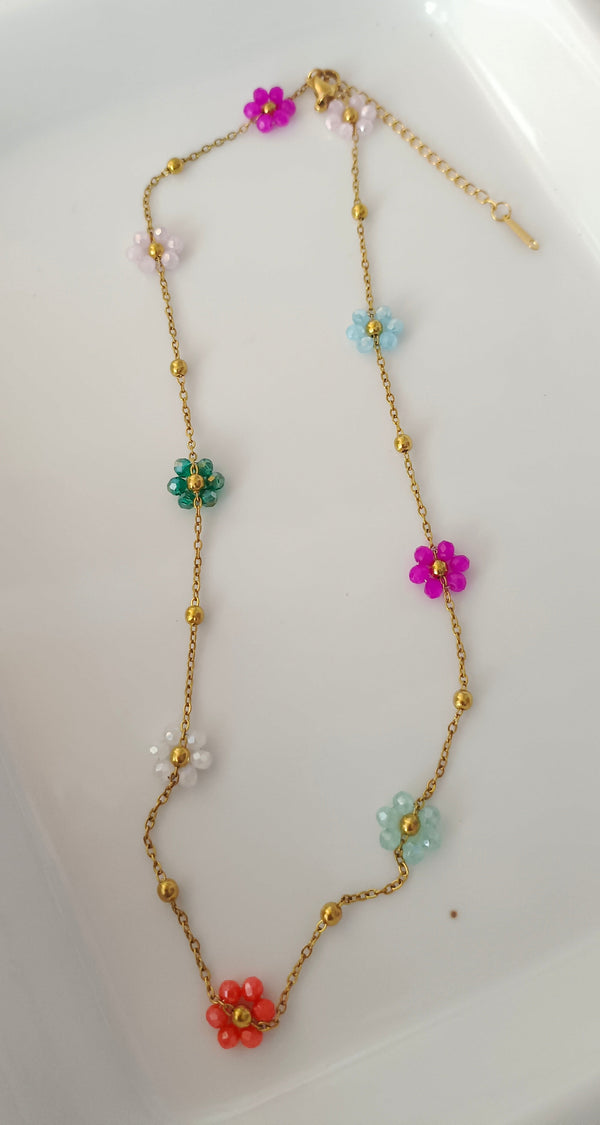 Multi Crystal Flower Chain Necklace
