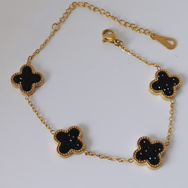 Sparkling Stone Studded Stainless Steel 18kgold Four Leaf Clover Bracelet