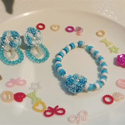 Clay Flat beads with crystal stones and flower bracelets + Earrings