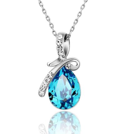 Tear Drop Zircon Sterling Silver Blue Crystal Gemstone Pendant Necklace