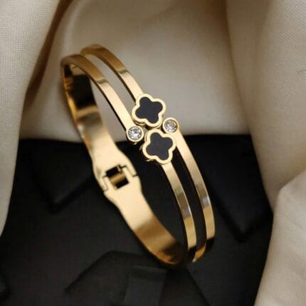 Black Dual Clover Flower Cubic Zirconia Rose Gold Stainless Steel Bangle For Women