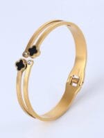 Black Dual Clover Flower Cubic Zirconia Rose Gold Stainless Steel Bangle For Women