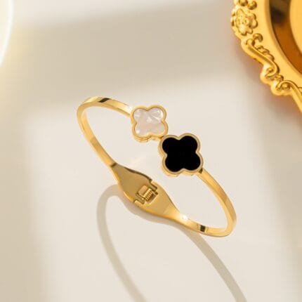 Black and White Clover - Open Cuff Stainless Steel Bangle