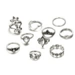 Bohemian Silver Vintage Carved Flower Finger 10pcs Rings Set For Girls