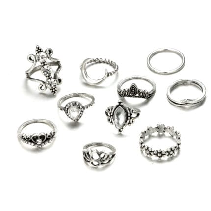 Bohemian Silver Vintage Carved Flower Finger 10pcs Rings Set For Girls