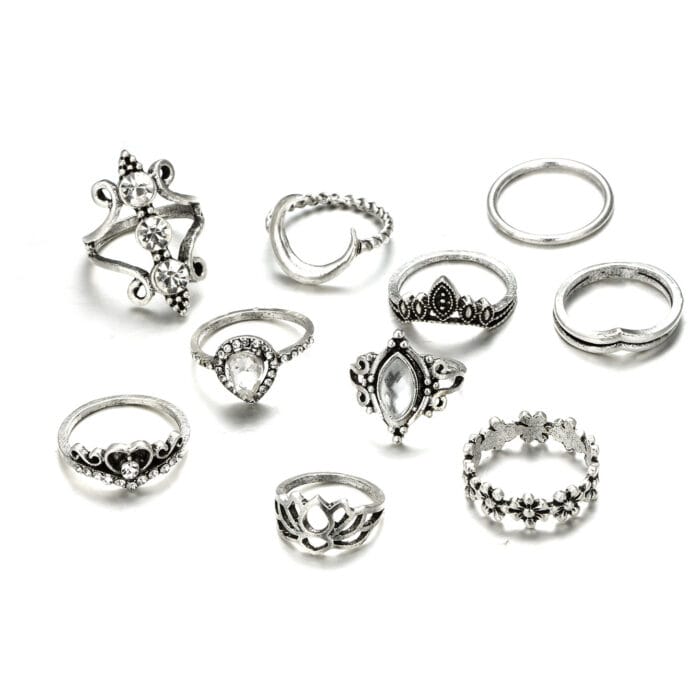 Bohemian Silver Vintage Carved Flower Finger 10pcs Rings Set For Girls