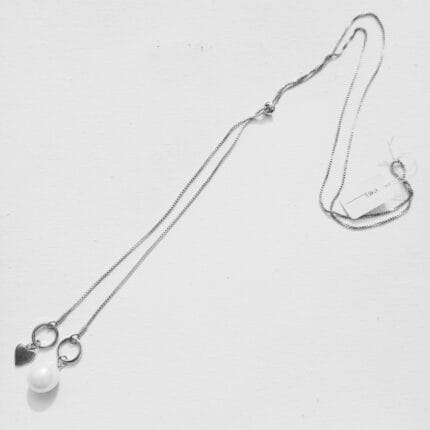 Sterling Silver Glass Pearl and Heart Pendant Adjustable Long Chain Necklace