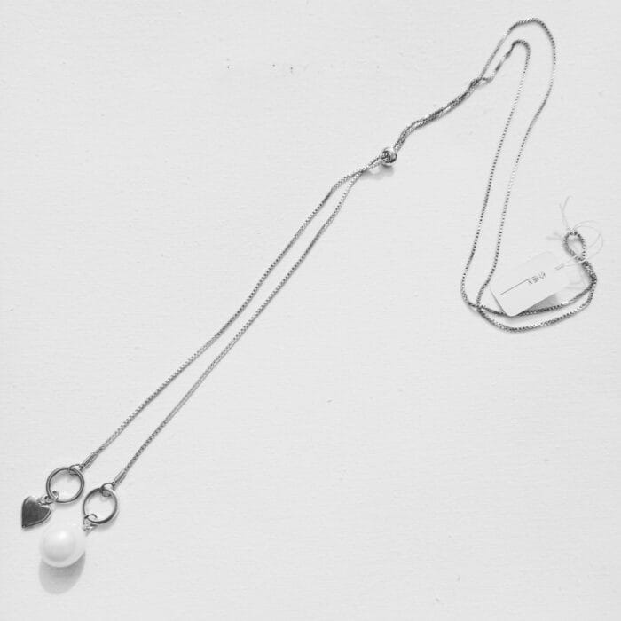Sterling Silver Glass Pearl and Heart Pendant Adjustable Long Chain Necklace