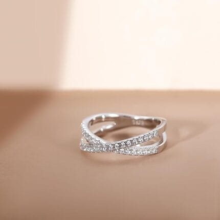 Silver Rhinestone Embellished Thin Criss Cross X Ring