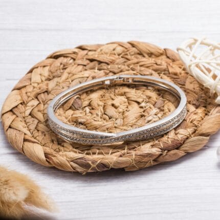 Silver Toned Stones Embellished Bangle, Twist Bracelet For Women