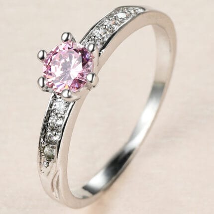 Sterling Silver Luxury Pink Crystal Stone Ring Charm Silver Color Wedding Round Zircon Thin Engagement Ring