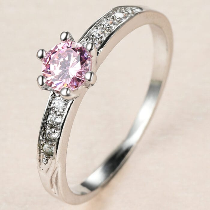 Sterling Silver Luxury Pink Crystal Stone Ring Charm Silver Color Wedding Round Zircon Thin Engagement Ring