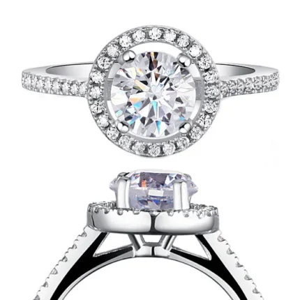 Silver Halo Ring With Round Brilliant Cut Artificial Diamond Engagement Ring, for Women