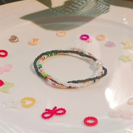Rice bead bracelet Pearl Crystal Multilayer Hand knitting Bohemia Adjustable Fashion Simple Beaded bracelet set