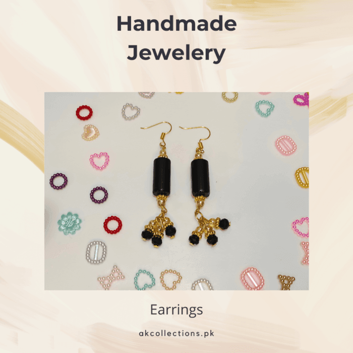 Black Stone Tube Bead Dangle Earrings, Fish Hook Earwires