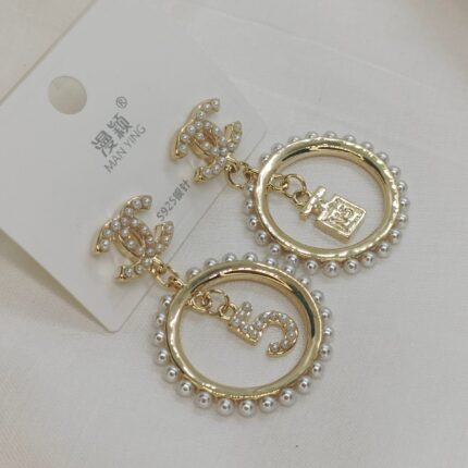 Designer Stainless Steel CC Pearl No.5 And Perfume Charm Circle Drop Earrings