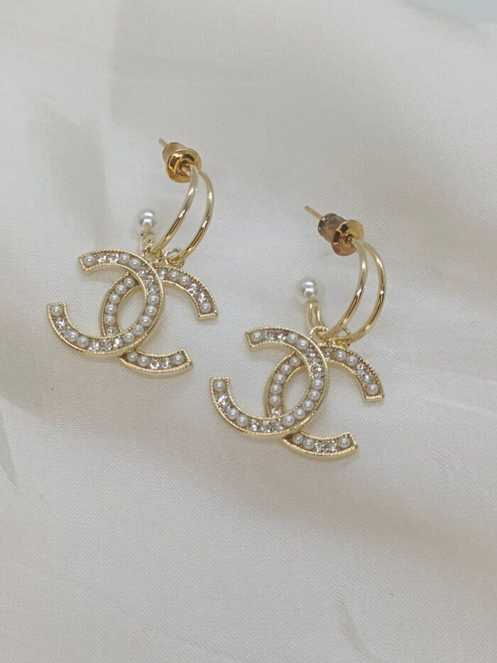 Stainless Steel Exquisite Rhinestone and Pearl CC Earrings