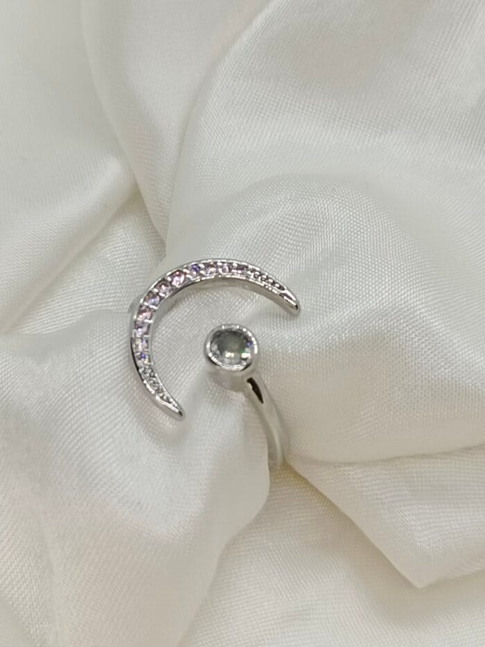 Crescent Moon With Artificial Opal Adjustable Sterling Silver Ring
