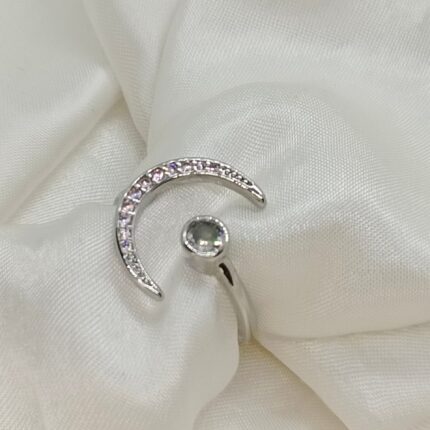 Crescent Moon With Artificial Opal Adjustable Sterling Silver Ring