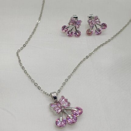 Premium Quality Sterling Silver Zircon Pink Pendant Necklace Set