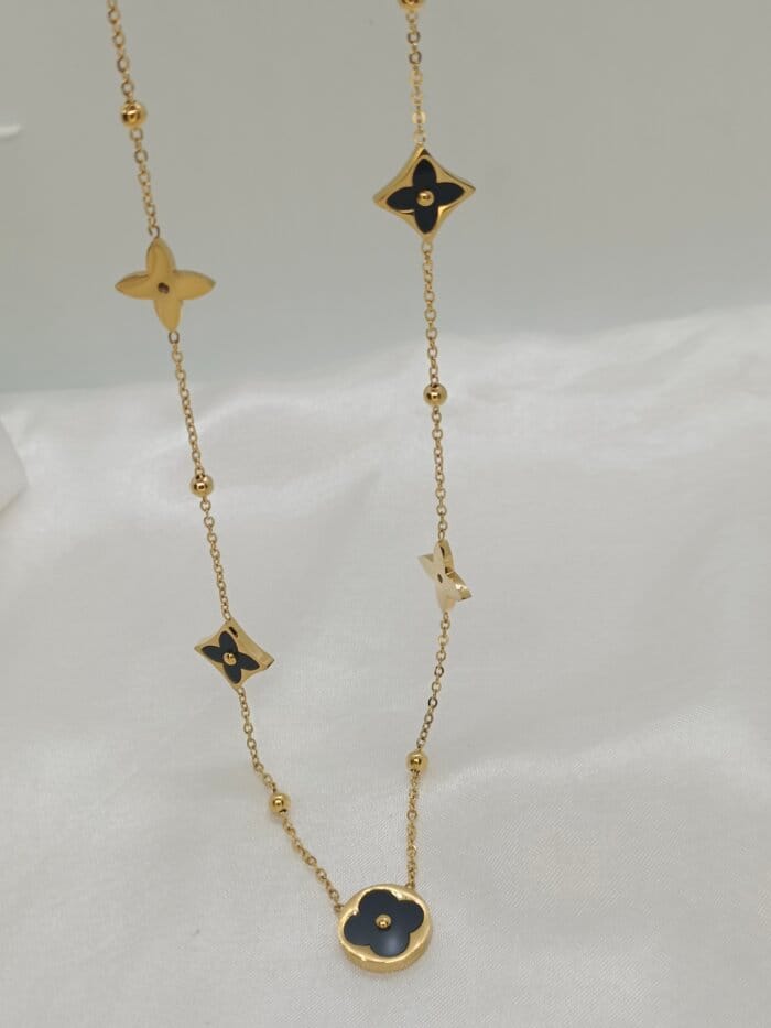 Unique Stainless Steel Metal Clover Black and Gold Flowers Necklace