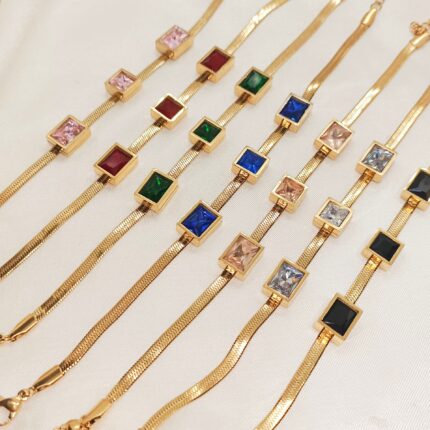 Sparkling Zircon Stone Stainless Steel Gold Plated Snake Chain Bracelet