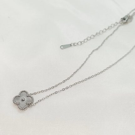 Stainless Steel Silver Clover Double Sided Pendant Necklace