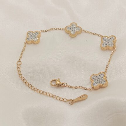 Stainless Steel Sparkling Zirconia Clover Bracelet