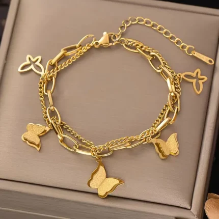 Elegant Double Layer Butterfly Charm Stainless Steel Bracelet
