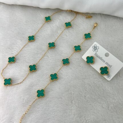 Stainless Steel Green Clover Necklace Set ``