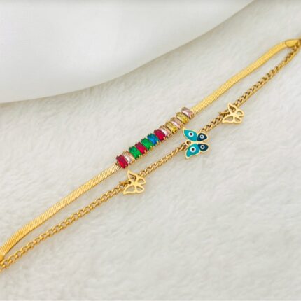 18k Gold Plated Non Tarnish Stainless Steel Double Layer Butterfly Charm Bracelet