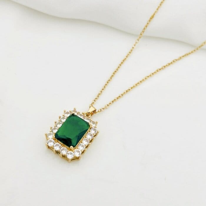 Elegant Green Crystal and Cubic Zirconia Rectangle Pendant Necklace