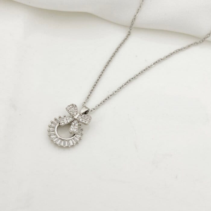 Stunning Crystal Silver Bow Stainless Steel Pendant Necklace