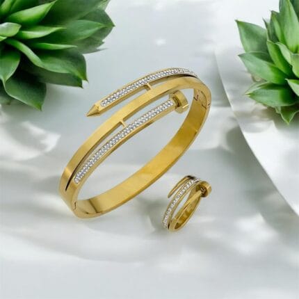 Water Proof Crystal Nail Design Bangle And Ring | 18k Gold Plated | Stainless Steel