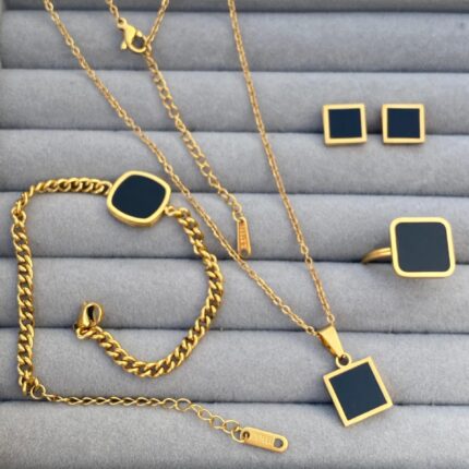 Water Proof Classic Black Square Combo Deal ( Bracelet , Necklace, Earrings and Ring )