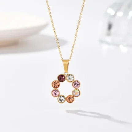 Titanium Colorful Zircon Flower Necklace, Non Tarnish, Implant Grade Titanium Waterproof, Vintage Style, Minimal