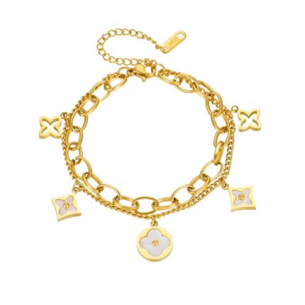 Waterproof Flower Star Double Layered Bracelet (White) Gold Plated And Rust-proof