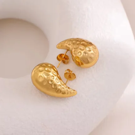 Gold Self Textured Tear Drop Earrings