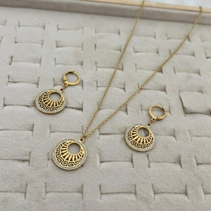 Stainless Steel Gold Plated Greek Pattern Necklace & Earrings Set