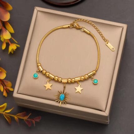 Titanium Steel Turquoise Bracelet | 18K Gold Plated | Water Proof | Hypoallergenic