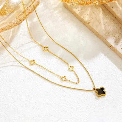 Double Layer Four Leaf Clover Necklace - Water Proof & Gold Plated